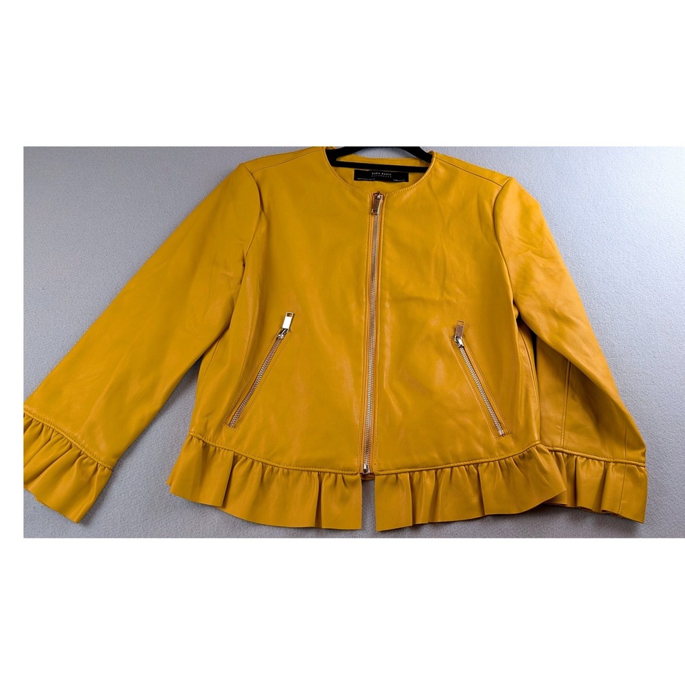 Zara Basic Mustard Yellow Faux Leather Ruffle Hem Jacket Size Medium Collarless
